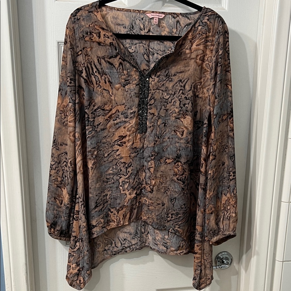 Juicy Couture Beaded V-Neck Blouse Abstract Print Long Sleeve XL